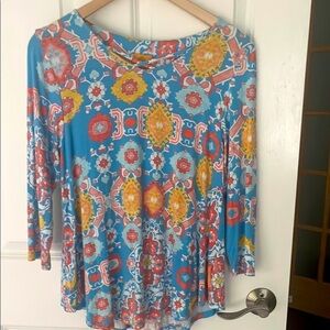Ruby Rd Blue and Pink Geometric 3/4 Sleeve Flowy Blouse sz small